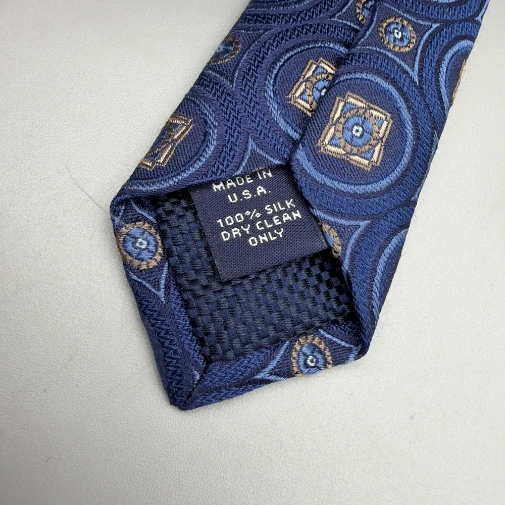 Daniel Cremieux Necktie Blue Beige Geometric Pattern Silk Neck Tie Made In USA